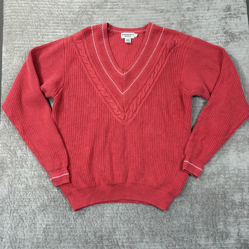 Vintage Abercrombie‎ & Fitch Pink Cotton V-Neck Ribbed Cable Knit Sweater Small